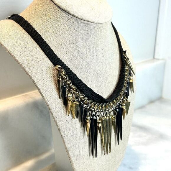 Zara Layered Chain Fabric Strand Adjustable Statement Necklace Gold & Black 23" - Picture 2 of 4